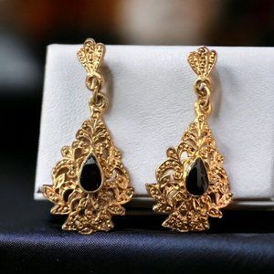 Ahbra-Cale Fancy Gold Teardrop w Black Stone Dangle Drop Post Stud Earrings